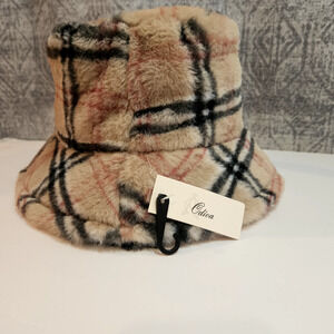 Odiva Plaid Faux Fur Bucket Hat NWT Retro Winter Warm Fuzzy Neutral Unisex Cap